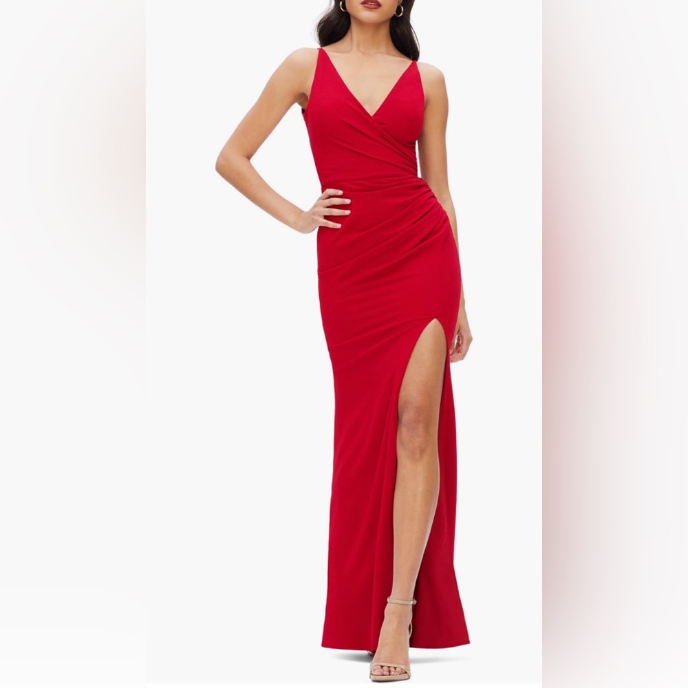 Dress the Population Jordan Ruched Side Slit Gown, Red, Size Small, $248